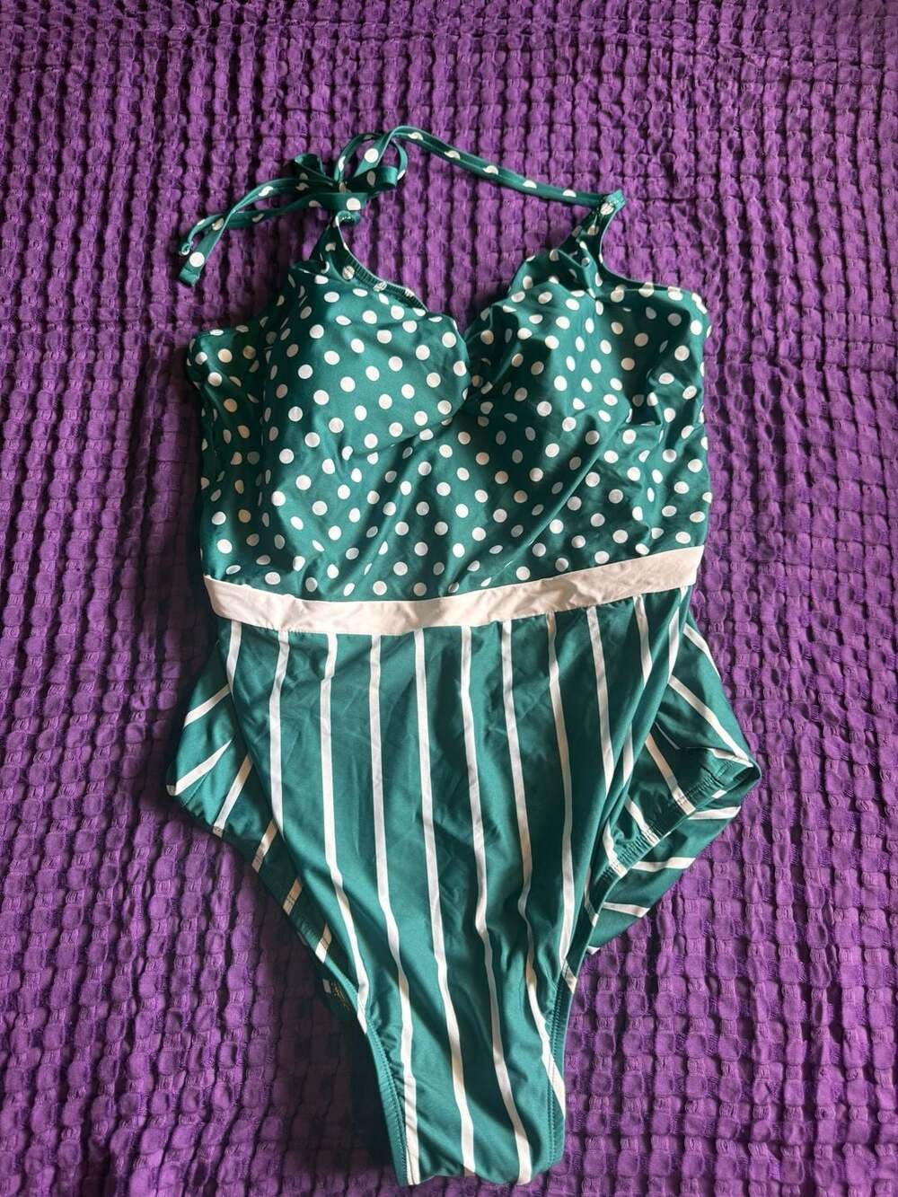 New ModCloth The Esther One-Piece Swimsuit in Emerald Polka Dot and Stripes